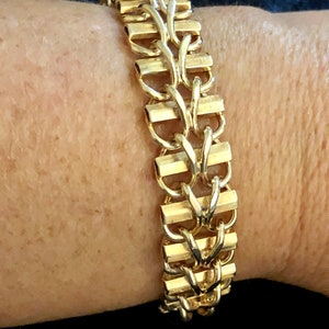 Vintage  Solid 14K Yellow Gold Bar & Weave Link Chain Bracelet 8&quot;
