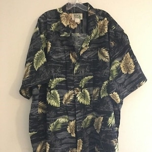 Vintage Ky’s Hawaiian Shirt Black & Grey Palm Leaves Men’s 6XL