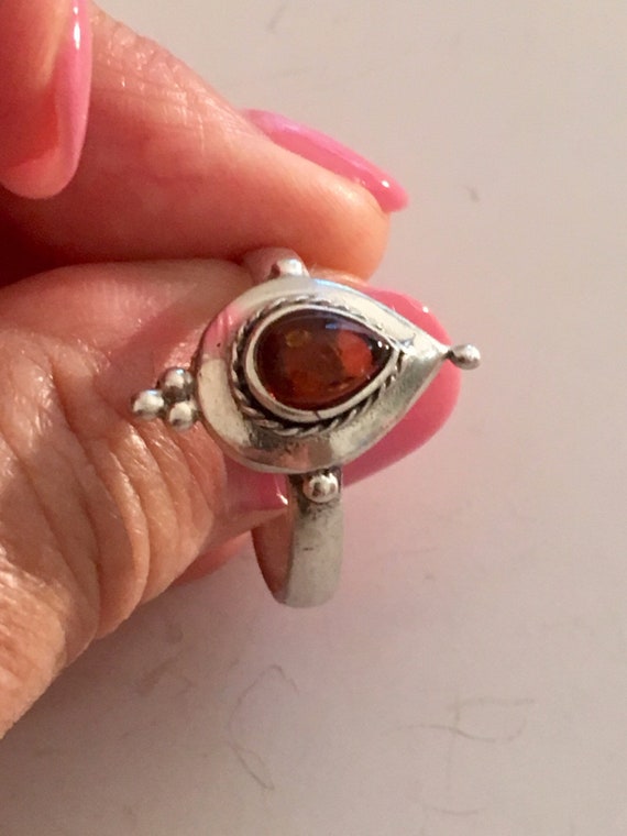 Solid Sterling Silver Amber Pear Stone Ring Size 8 - image 4
