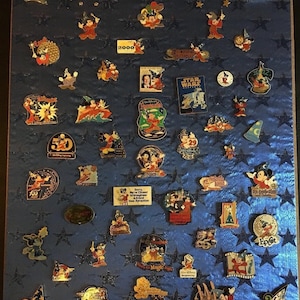 Framed Disney Sorcerer&#39;s Apprentice Mickey Mouse Cast Member Vintage Pins Set of (49)