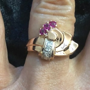 Vintage Solid 14K Rose Gold Diamond Ruby Art Deco Ring Size 6