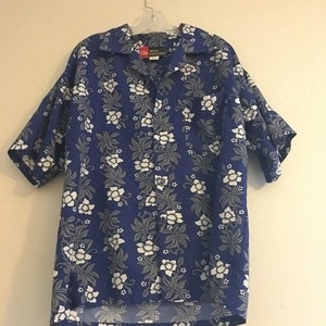 Vintage Reliq Industries Hawaiian Aloha Blue Grey Shirt White Flowers Men’s M