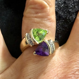 Vintage Solid 10K Yellow Gold Bypass Design Peridot Amethyst Diamond Ring