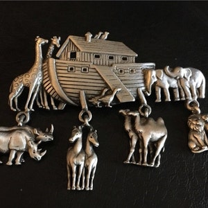 Vintage JJ Jonette Schmuck signiert Noah es Ark W/Dangling Animals Zinn Brosche Anstecknadel