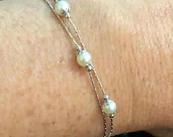 14K White Gold Double Strand Pearl Bracelet 7 1/2&quot;