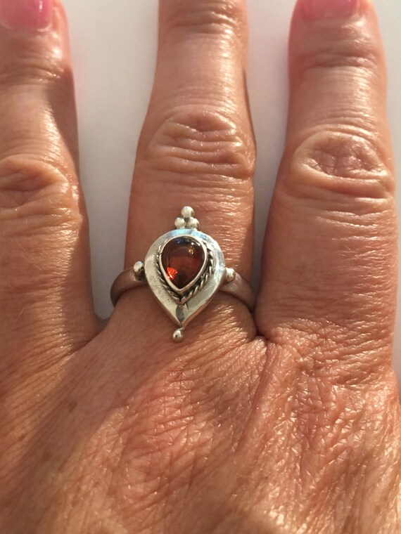 Solid Sterling Silver Amber Pear Stone Ring Size 8 - image 3