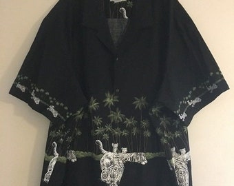 Vintage Ky's Hawaiian Shirt Zwarte Palmbomen &Witte Tijgers Heren 6XL