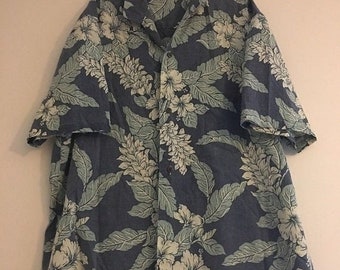 Vintage Royal Creations Hawaiian Blauw Wit Hibiscus Bladeren Aloha Shirt Heren XL