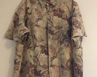 Vintage Tori Richard Hawaiian Aloha Camisa Beige Marrón Hojas Florales Hombre XL