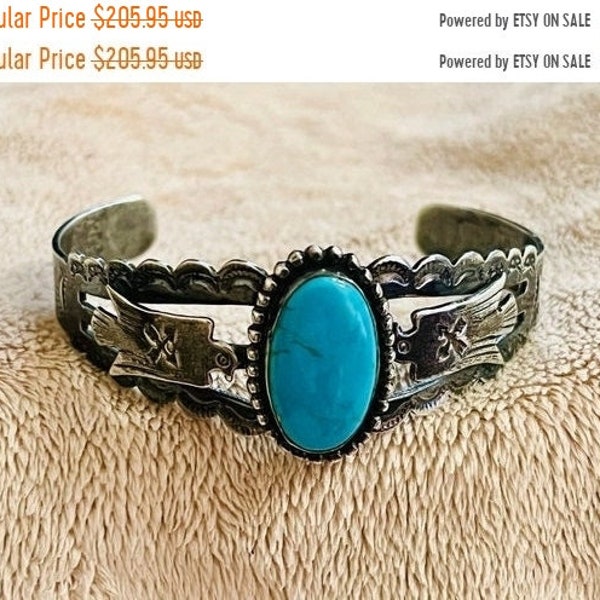 Vintage Sterling Silver Native American Blue Turquoise Thunderbird Cuff Bracelet