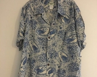 Vintage Kamehamea Hawaiian Shirt Blauw Wit Hibiscus Ukulele Hula Meisjes Heren L