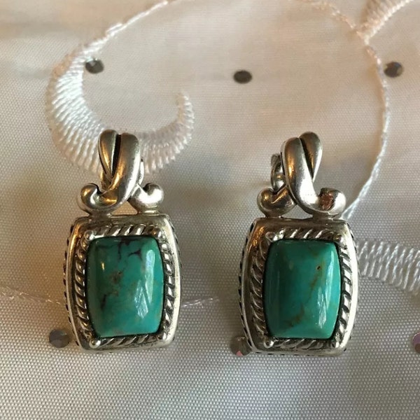 Vintage .925 Sterling Silver Green Square Cut Turquoise Cabochon Earrings