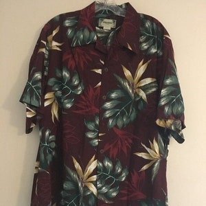 Vintage Kamehameha Hawaiian Aloha Shirt Burgundy Green Palm Leaves Men&#39;s Large