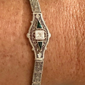 Solid 14K White Gold Filigree Floral Design Emerald Diamond Bracelet 7 &quot;