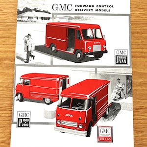 May include: Vintage advertisement featuring red GMC Forward Control Delivery Models. The ad showcases illustrations of the GMC Junior Van and P1500/2500 models, with text indicating the GMC brand. The background includes a house and a person.