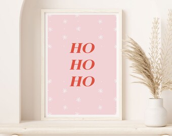 Christmas Print - Ho Ho Ho Art - Pink Holiday Poster - Holiday Wall Printable, Digital Download