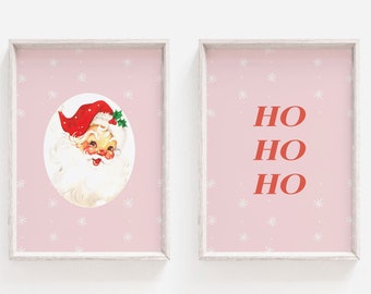 Christmas Print Set - Christmas Decor - Ho Ho Ho Art - Pink Holiday Poster - Holiday Wall Printable, Digital Download