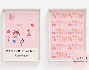 Christmas Print Set - Christmas Decor - Winter Decor - Pink Holiday Poster - Holiday Wall Printable, Digital Download