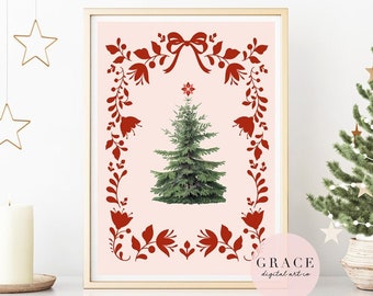 Pink Christmas Print - Tree Art - Pink Holiday Poster - Holiday Wall Printable, Digital Download