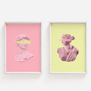 Ancient Aesthetic Statue Head Print Set - Printable Wall Art - Digital Download Art - Pink Wall Print - David Print Set