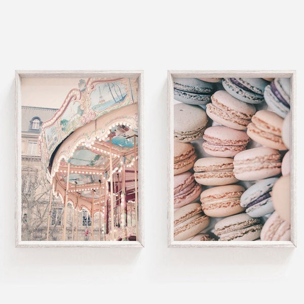 Set of Two Paris Photography Prints, Carousel Print, Paris Photography Print, Paris Digital Downloads, Macaron Print, Pastel Prints