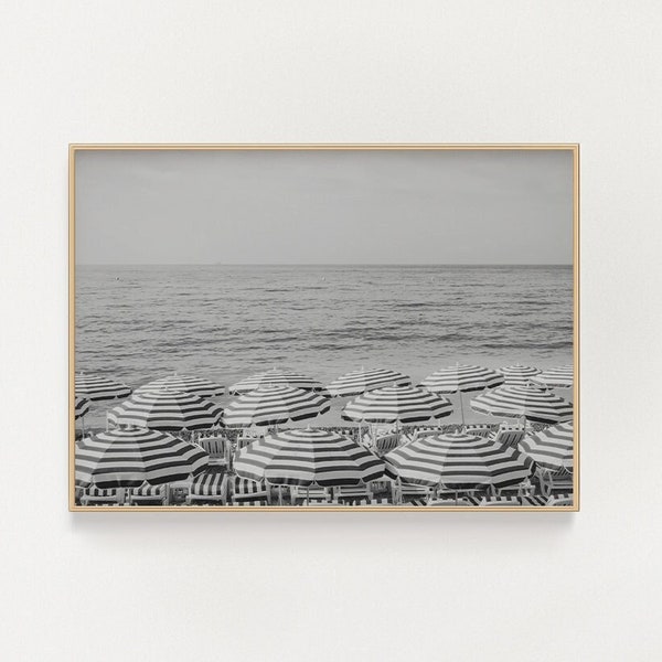 Black and White Beach Wall Print - Beach Umbrella Print - French Riviera Poster - Instant Download