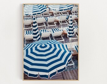 Blue Beach Umbrellas Wall Art Print, Beach Umbrella Printable, Beach Digital Poster, French Riviera Print, Digital Download