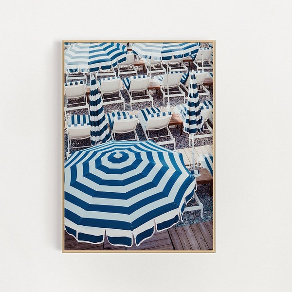 Blue Beach Umbrellas Wall Art Print, Beach Umbrella Printable, Beach Digital Poster, French Riviera Print, Digital Download