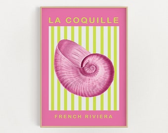 striped shell print | riviera poster | pink and neon art | mermaid printable poster | digital print