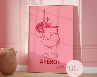 Aperol Cocktail Print - Digital Download - Pink and Red Wall Art