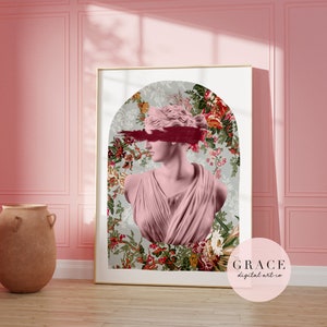 Ancient Aesthetic Statue Head Print - Artemis Print - Printable Wall Art - Digital Download Art - Pink Wall Print - Goddess Print