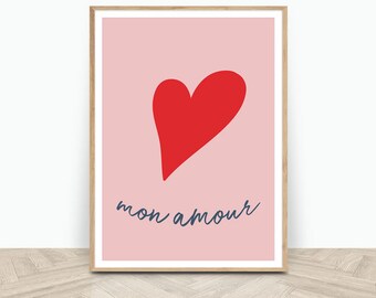 Valentine's Day Love Heart Print - Mon Amour Print - Printable Wall Art - Digital Download Art - Pink Wall Print - Red Print - Poster