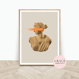 Ancient Aesthetic Statue Head Print - Artemis Print - Printable Wall Art - Digital Download Art - Orange Wall Print - Goddess Print