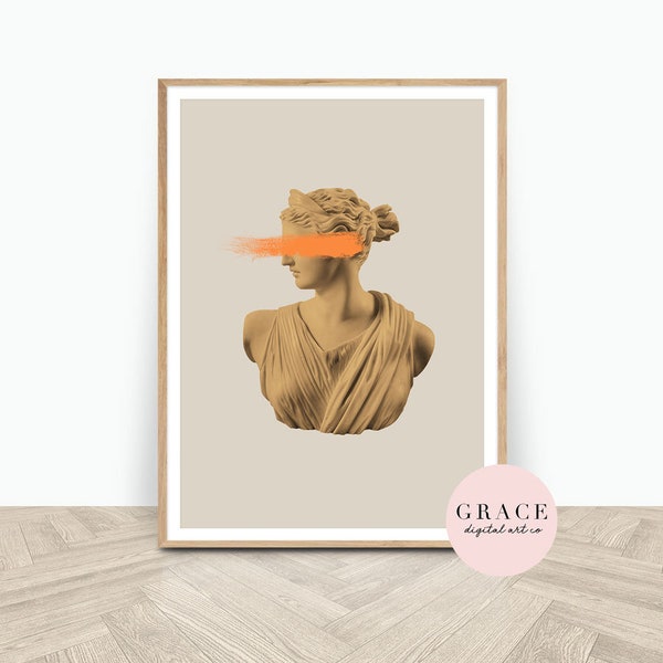 Ancient Aesthetic Statue Head Print - Artemis Print - Printable Wall Art - Digital Download Art - Orange Wall Print - Goddess Print