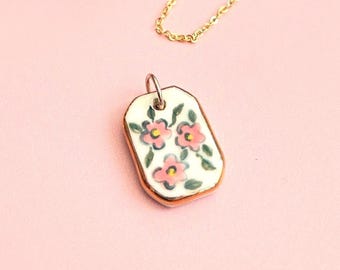 Hand Painted Pink Floral Ceramic Pendant, (2.2cm Length), Gold Luster Edge
