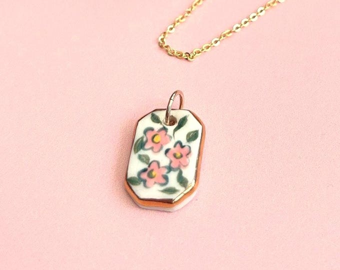 Hand Painted Pink Floral Ceramic Pendant, (1.9cm Length), Gold Luster Edge