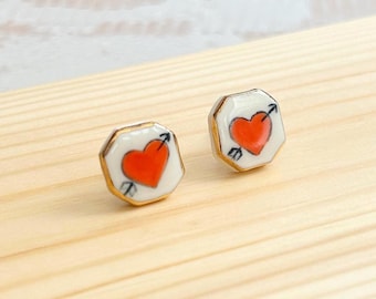 Hand-Painted Ceramic Heart Stud Earrings with Gold Lustre | Sterling Silver Posts