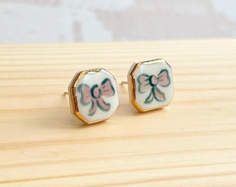 Hand-Painted Ceramic Bow Stud Earrings with Gold Lustre | Sterling Silver Posts