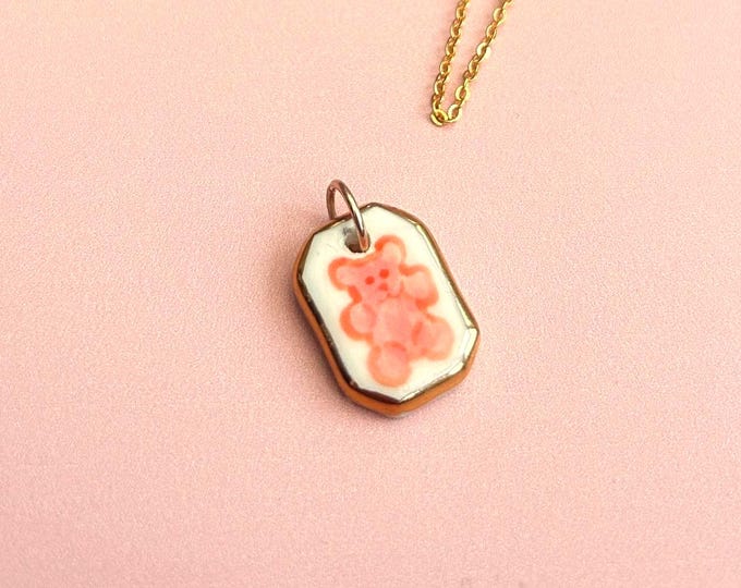 Pink Gummy Bear Ceramic Pendant: Gold Lustre Edge