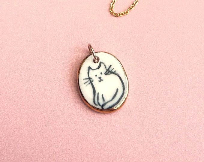 Hand Ceramic Painted Cat Slice Pendant – Gold Lustre Edge