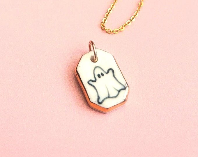 Handmade Ceramic Ghost Pendant - Gold Lustre Edge