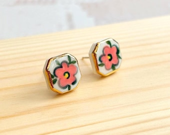 Hand-Painted Ceramic Flower Stud Earrings with Gold Lustre | Sterling Silver Posts