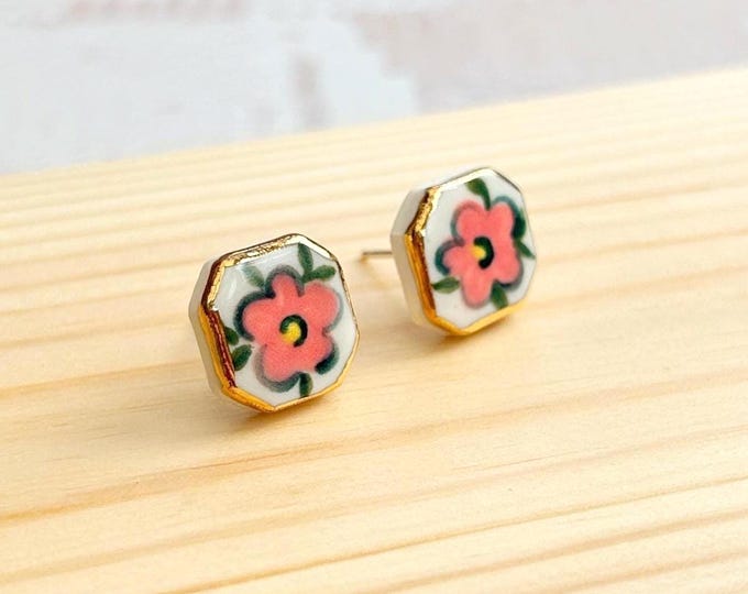 Hand-Painted Ceramic Flower Stud Earrings with Gold Lustre | Sterling Silver Posts