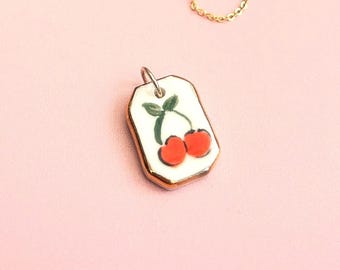 Handmade Ceramic Painted Cherry Pendant (2.1cm): Gold Lustre Edge
