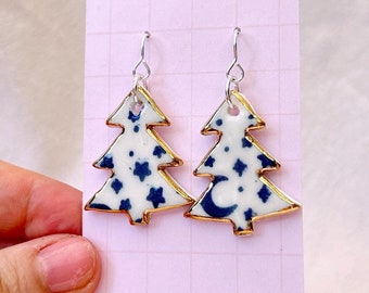 Ceramic Christmas tree dangles, night sky with gold lustre, sterling silver hooks