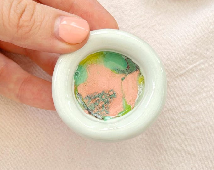 Handmade White Ceramic Trinket Dish, Round Bubble Shape With Colourful Glazes