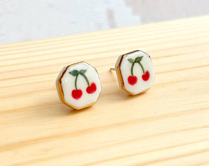 Hand-Painted Ceramic Cherry Stud Earrings with Gold Lustre | Sterling Silver Posts