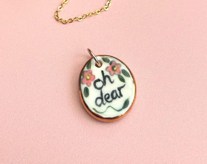 Hand Painted Pink Floral Ceramic Pendant, 'oh dear', Gold Luster Edge