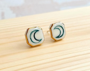 Hand-Painted Ceramic Moon Stud Earrings with Gold Lustre | Sterling Silver Posts
