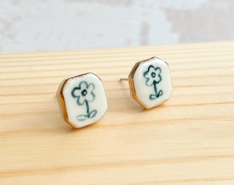 Hand-Painted Ceramic Flower Stud Earrings with Gold Lustre | Sterling Silver Posts